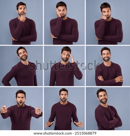 Man, portrait and studio collage with expression, confidence and unique different faces. Montage, series and model from Brazil with creative and gesture option and choice with blue background