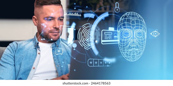 Man portrait using laptop, authentication and verification. Digital face id hologram hud with fingerprint, padlock and encrypted information. Concept of internet safety
