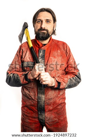 Similar – Image, Stock Photo bearded man huntsman with two axes stands near a rusty train