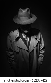 Man Posing In The Dark With A Fedora Hat And A Trench Coat, 1950s Noir Film Style Character