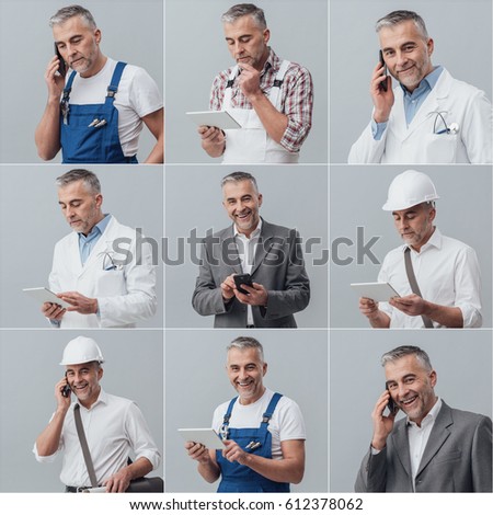 Man posing with different uniforms, phone calling and connecting with a tablet; professional job, technology and carreer concept, photo collage