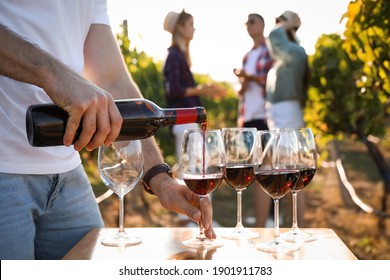 Man pouring wine from bottle into glasses at vineyard, closeup