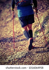 Man practices nordic walking sport on the mountain trail  with vintage effect