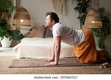 Man Practices Yoga Asana Marjariasana Or Cow Pose Or Cat Cow Pose For Spine