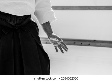 Man Practicing Aikido Martial Art In A Dojo Background.