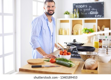 Smiling Millennial Hispanic Man Standing Kitchen Stock Photo 1285064905 ...