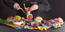 Man Preparing Fresh Health Barf Food For His Dog With A Selection Of Fresh Vegetables, Heart, Stomach, Offal, Organs, Poultry And Beef Processing Them Through An Old Meat Grinder