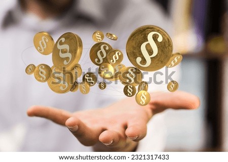 A man presenting 3D rendered paragraph law sign icons above his palm - the concept of justice and law