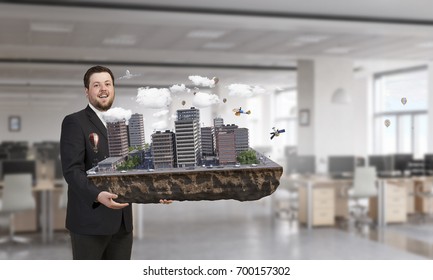Man presenting construction model. Mixed media . Mixed media