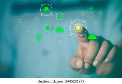 Man press start engine button start plan to carbon dioxide emission in industry net zero carbon concept. Carbon affects global warming. Management energy and carbon credit icon