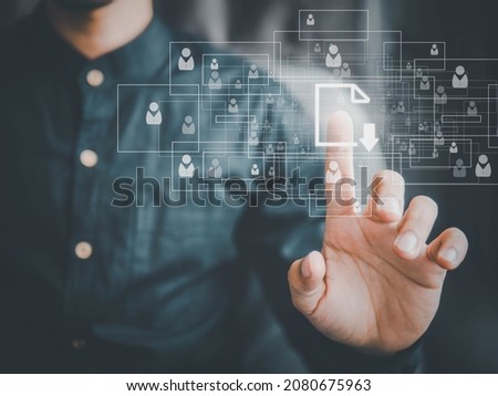 Man presses download button data.computing is system for sharing download and people's information big data.