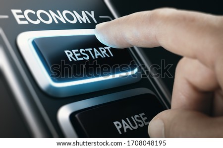 Man pressing a button to restart national economy after crisis. Composite image between a hand photography and a 3D background.