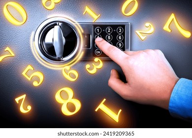 Man pressing buttons on keypad to lock steel safe, closeup. Numbers symbolizing code combination flying around