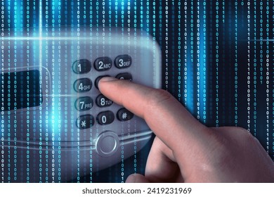 Man pressing buttons on keypad to open steel safe, closeup. Binary code symbolizing digital lock system