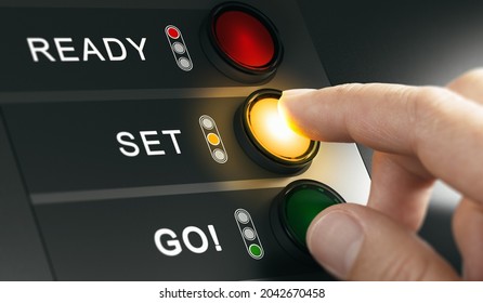Man pressing countdown buttons on a board to start an event or a race. Composite image between a hand photography and a 3D background.