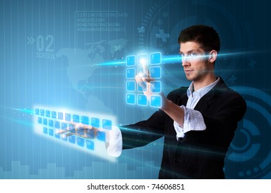 Man pressing modern touch screen buttons with a blue technology background