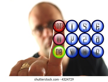 Man Pressing the Red Stop Button ( text Reveresed)
