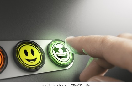 Man pressing a very positive feedback button. Concept of an amazing customer experience (CX). Composite image between a hand photography and a 3D background.