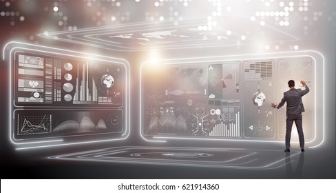 Man pressing virtual button in data mining concept