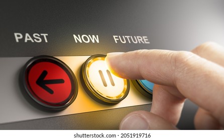 Man Pressing A Yellow Button With The Word Now Printed On The Top, To Stop The Time And Live In The Present Moment. Composite Image Between A Hand Photography And A 3D Background.