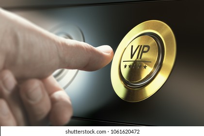 Man with private access to VIP services pressing a button to ask a concierge. Composite image between a hand photography and a 3D background. - Shutterstock ID 1061620472