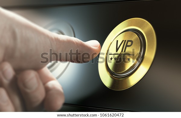 Man with private access to VIP services\
pressing a button to ask a concierge. Composite image between a\
hand photography and a 3D\
background.