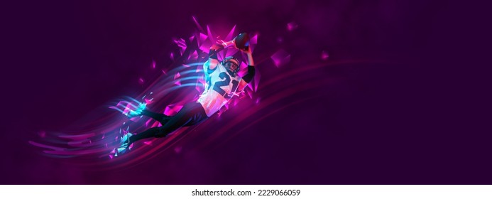 Man, professional american football player in motion, training over purple background with polygonal and fluid neon elements.. Concept of sport, activity, creativity, energy. Copy space for art, text - Powered by Shutterstock