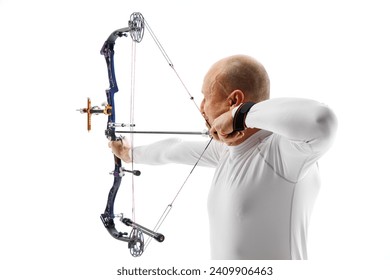 Man, professional archer training, aiming archery bow into target isolated over white studio background. Concept of professional sport and hobby, competition, action, game - Powered by Shutterstock