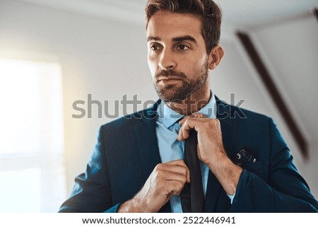 Man, professional and suit for getting ready in home, business fashion and preparation for job interview. Male person, thinking and corporate style for recruitment opportunity, confident and planning