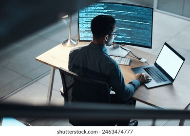 Man, programmer and coding at night on laptop mockup screen for networking, malware or software at the office. Male person, coder or developer working late in computer display in problem solving