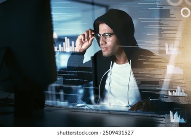 Man, programmer and computer code at night for firewall, breach and access in cyber security. Software engineer, tech and data protection with overlay, dark web and analysis for blockchain or network