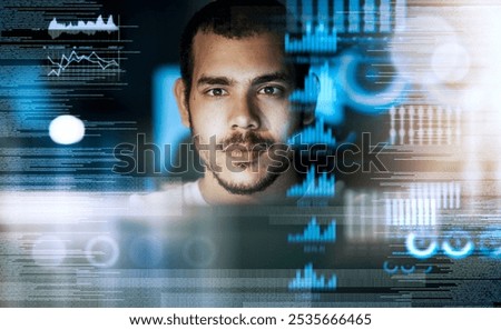 Man, programmer and hologram in night for coding, ui or big data analysis with graphs, stats and info. Person, reading and computer for digital transformation, future or user experience with software