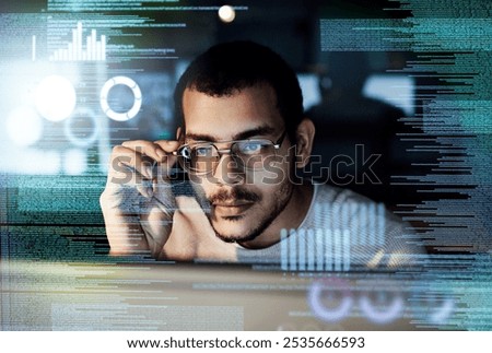 Man, programmer and hologram in night with computer, ui or big data analysis with graphs, stats and info. Person, reading and code for digital transformation, future or user experience with software