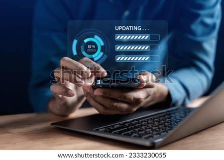 Man programmer Update software system with loading information. Upgrade version system. Business technology internet with installing the update for the quality better.	
