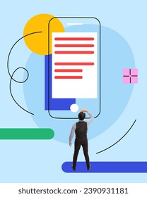 Man, project manager checking usability of new app. Development of mobile application design. Contemporary art collage. Concept of business, modern technologies, IT, innovations, development