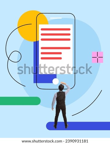 Man, project manager checking usability of new app. Development of mobile application design. Contemporary art collage. Concept of business, modern technologies, IT, innovations, development