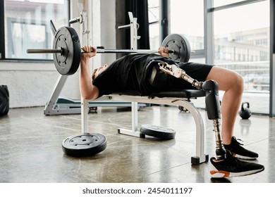 A man with a prosthetic leg conquers a bench press with a barbell in a gym. - Powered by Shutterstock