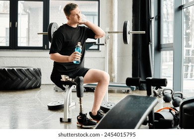 A man with a prosthetic leg sits on a bench, holding a bottle of water. - Powered by Shutterstock