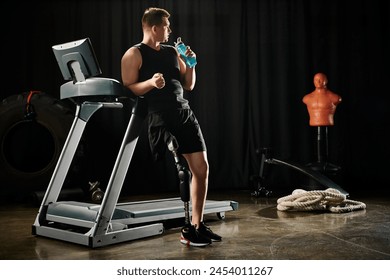 A man with a prosthetic leg stands on a treadmill, holding a bottle of water. - Powered by Shutterstock