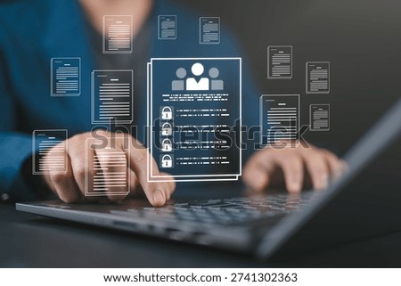 Man protecting himself from cyber attacks. Confidential documents and cybersecurity protection concept. Secure software for searching and managing corporate documents and employee information.