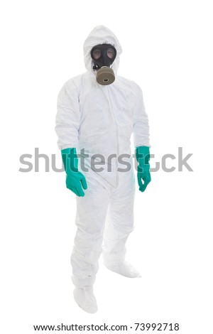 Man in  protective clothing and a gasmask on a white background