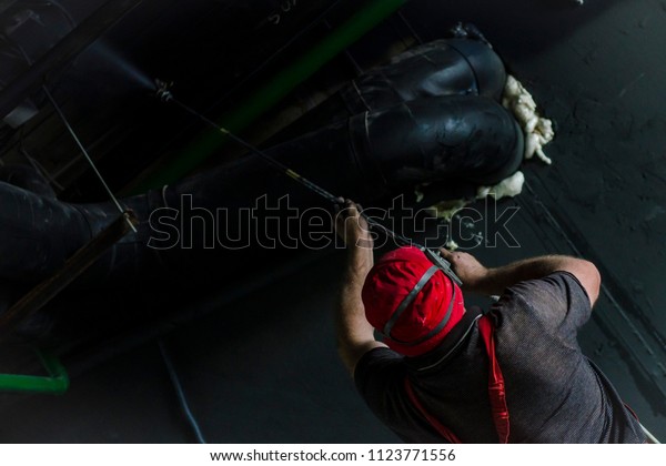 Man Protective Form Paints Ceiling Spray Stock Photo Edit