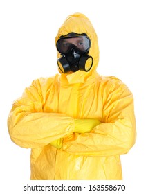 Man In Protective Hazmat Suit. Isolated On White.