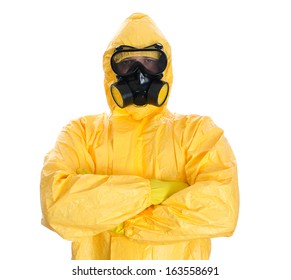 Man in protective hazmat suit. Isolated on white.