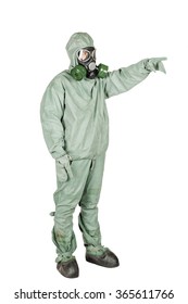 Man With Protective Mask And Protective Clothes Directional Pointing At Distance Looking Away. Full Body Length Portrait Isolated Over White Studio Background.