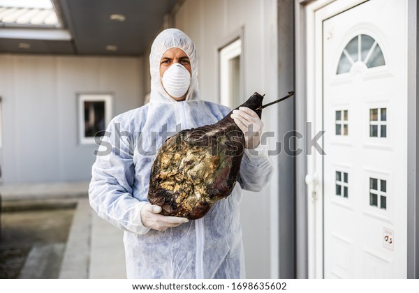 Man with protective suit and mask holding
bad meat ham, rotten meat. Infection prevention and control of
epidemic. World pandemic.  World pandemic
