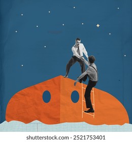 Man pulling another up ladder on abstract orange ship, symbolizing support, assistance and help in professional cooperation. Teamwork. Contemporary art collage. Concept of business, progress