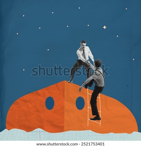 Man pulling another up ladder on abstract orange ship, symbolizing support, assistance and help in professional cooperation. Teamwork. Contemporary art collage. Concept of business, progress