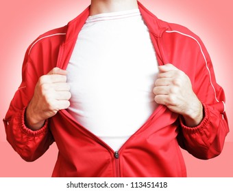 Man Pulling Open Shirt Showing White T Shirt