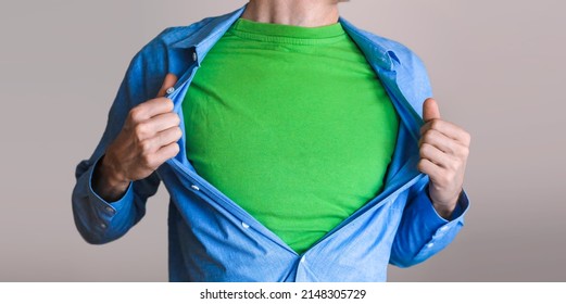 
Man Pulling Open Shirt Showing Red T Shirt